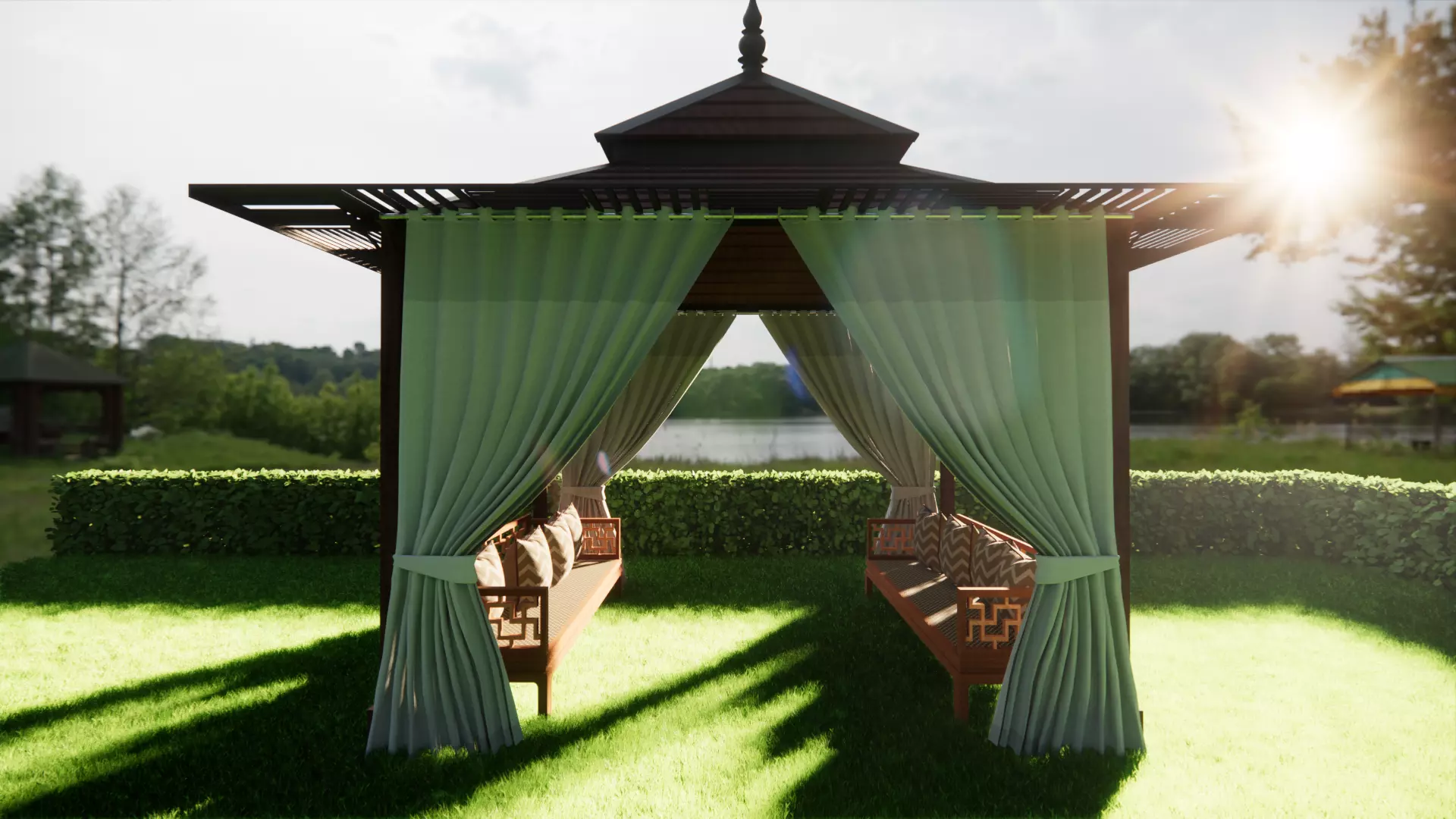 wooden pergola with curtain 3D model
