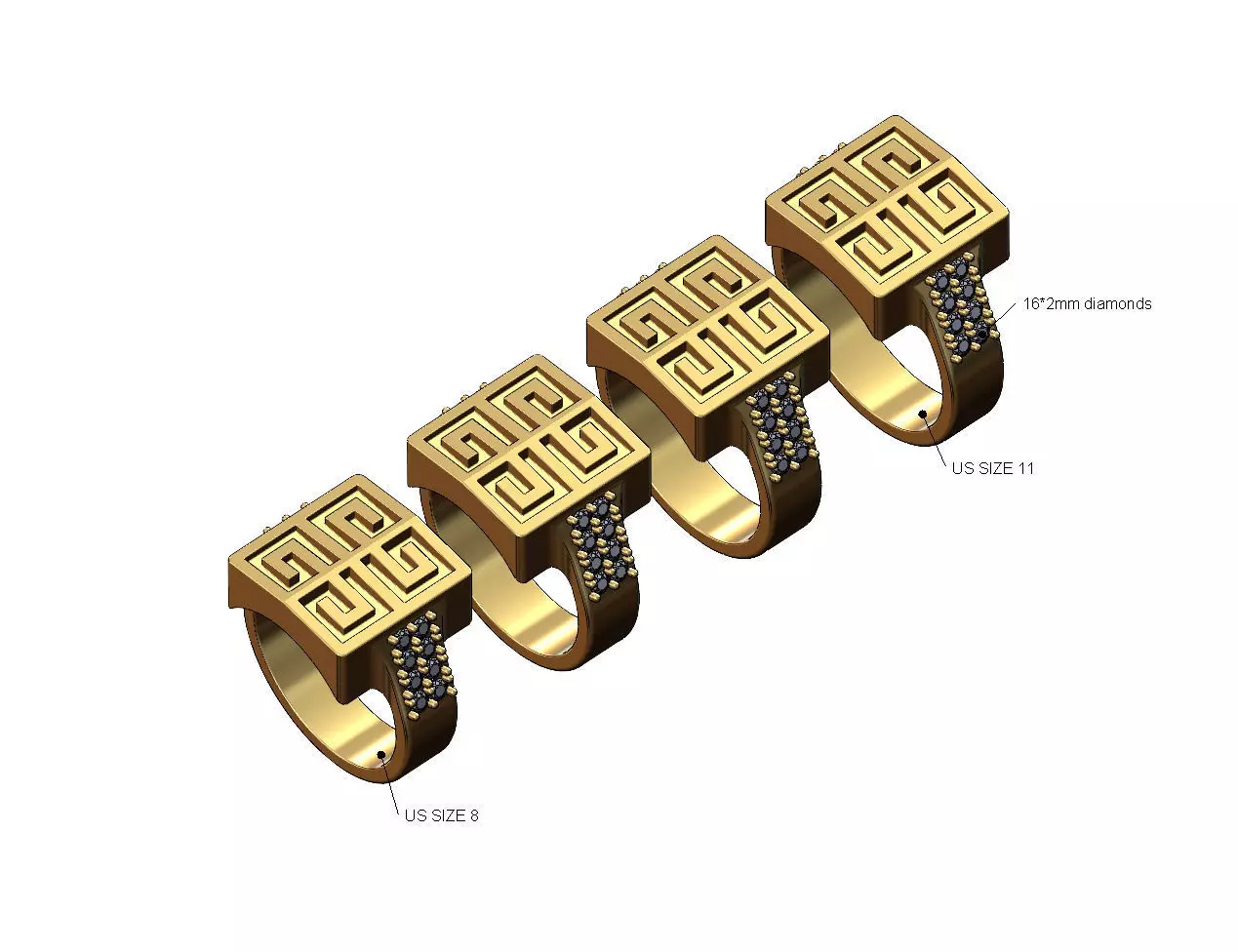 Diamond Givenchy greek key signet US sizes 8to11 3D print model