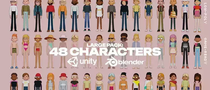 48 Casual Characters Huge Set Rigged Low-poly 3D model
