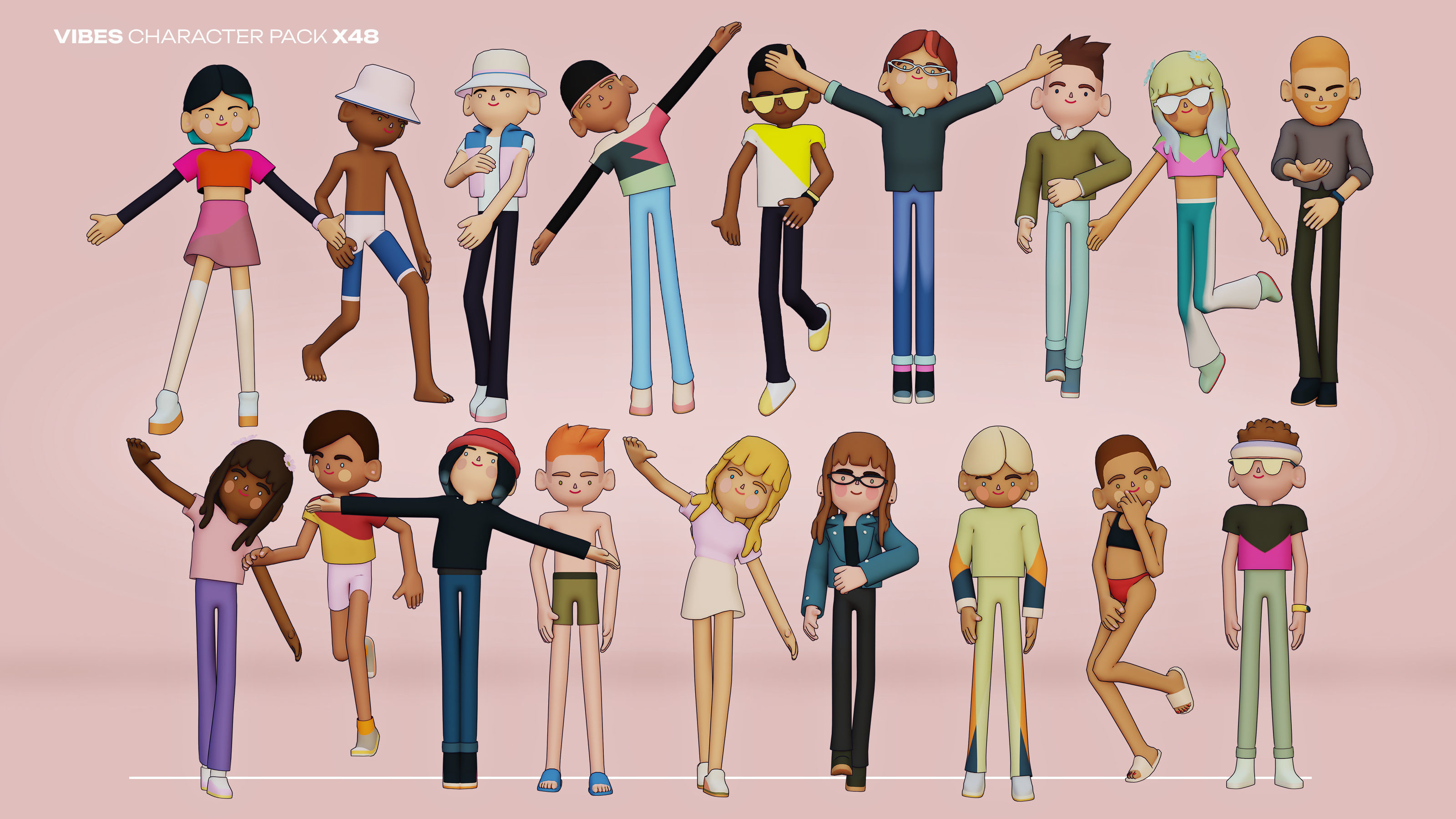 48 Casual Characters Huge Set Rigged Low-poly 3D model_2