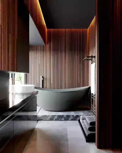 Modern Bathroom with Wooden Accents and Sleek Black Finishes