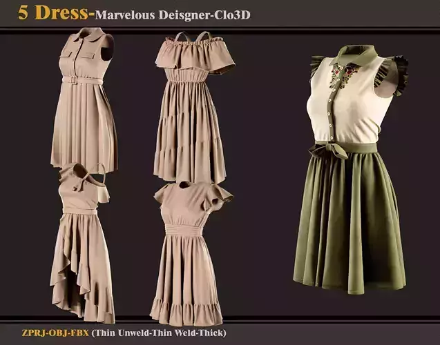 5 Dress -MD-Clo3D -ZPRJ - FBX - OBJ