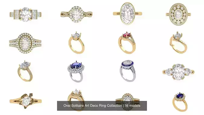 Oval Solitaire Art Deco Ring Collaction 3D Model Collection