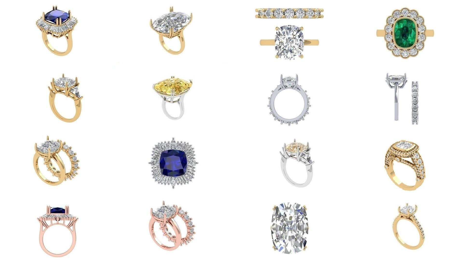 Cushion Solitaire Art deco Ring Collaction 3D Model Collection_1