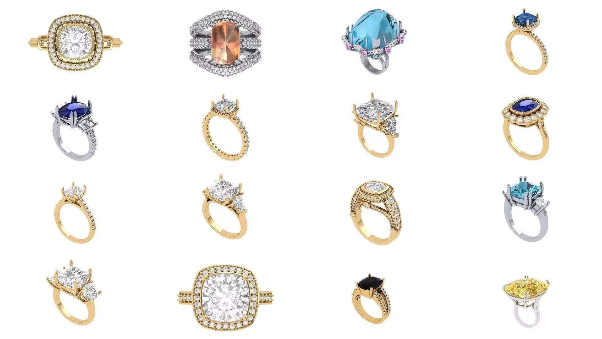 Cushion Solitaire Art deco Ring Collaction 3D Model Collection_0