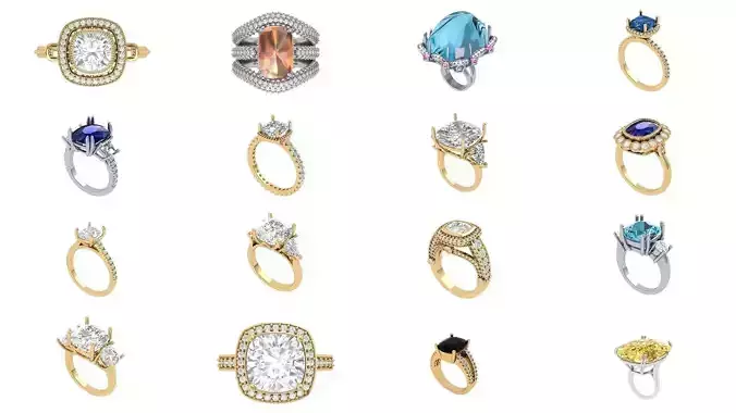 Cushion Solitaire Art deco Ring Collaction 3D Model Collection