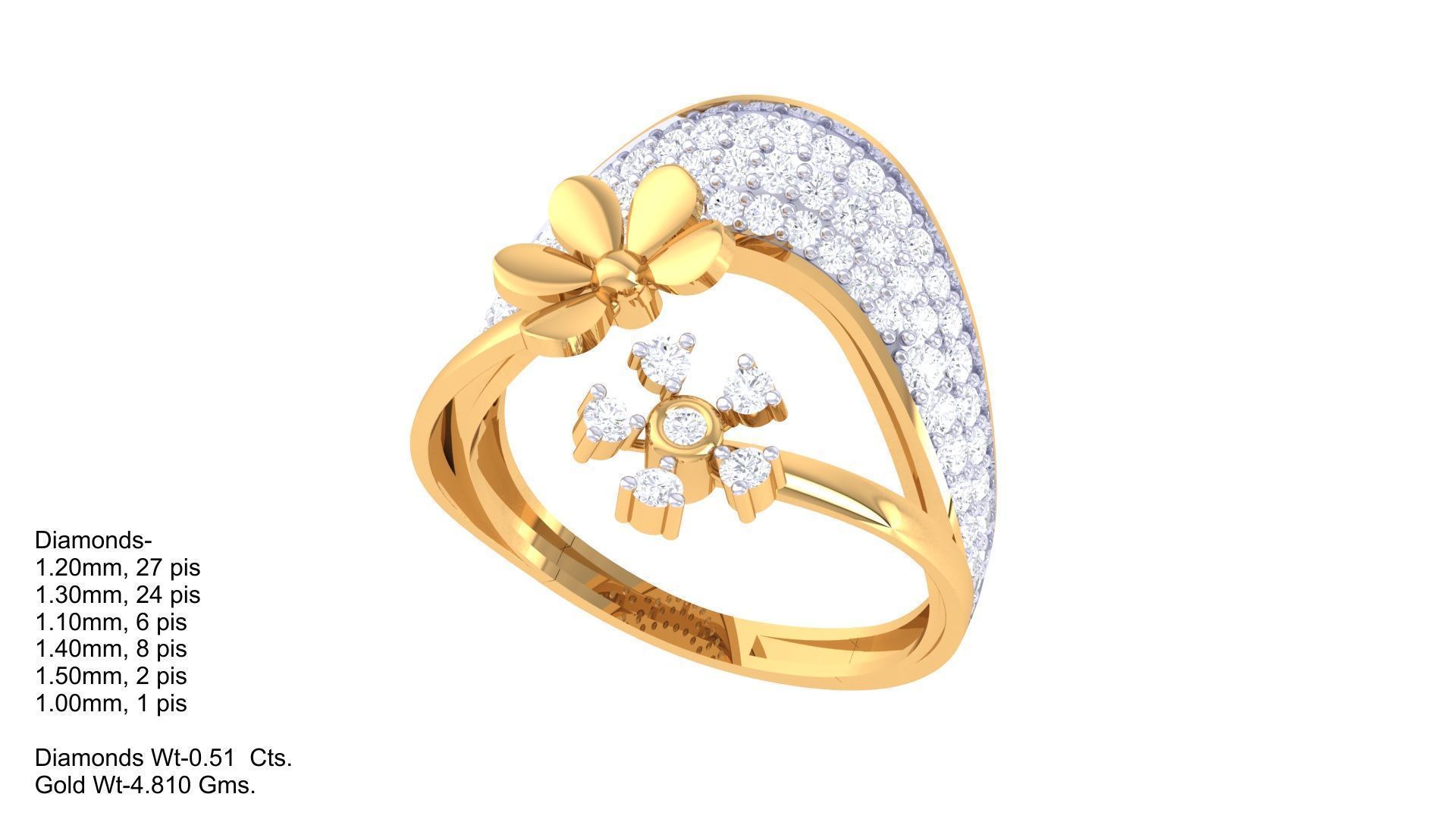 Bi Flower High Jewelry Diamond Cocktail Ring 3dm stl details 3D print model_3