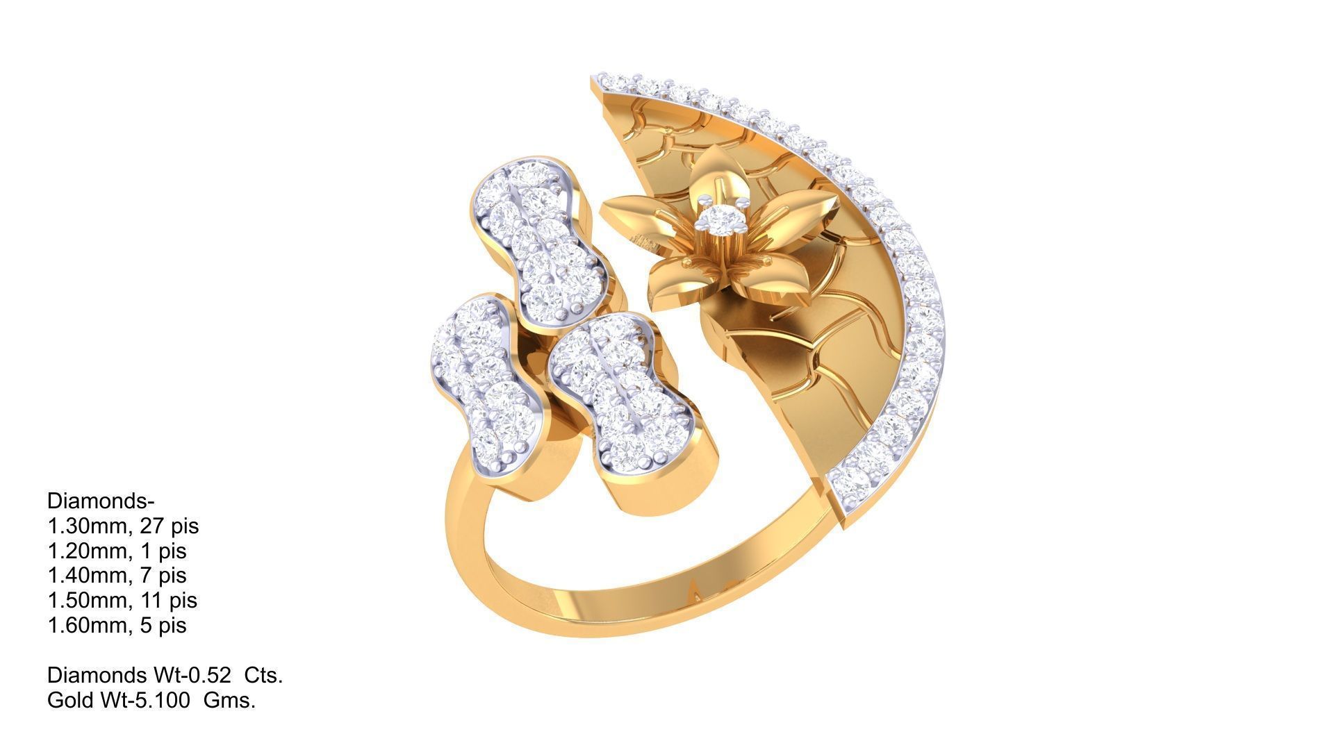 Flower High Jewelry Diamond Cocktail Ring 3dm stl details 3D print model_3