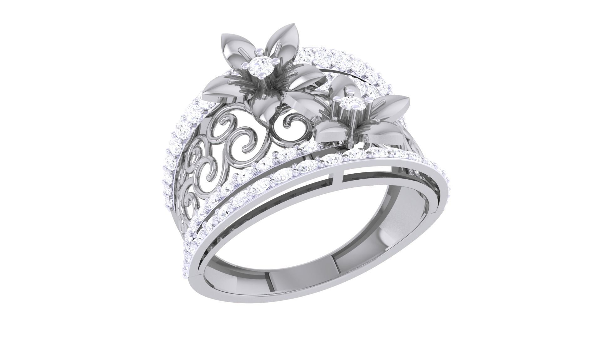 Bi Flower High Jewelry Diamond Cocktail Ring 3dm stl details 3D print model_6