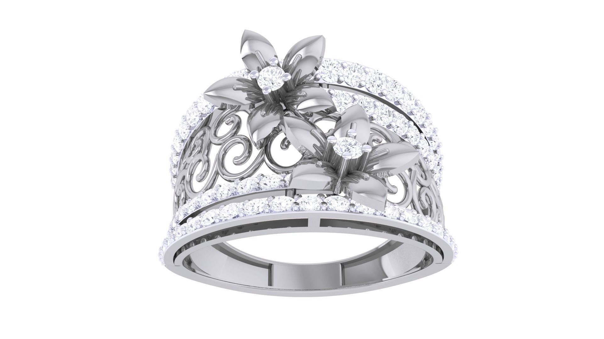 Bi Flower High Jewelry Diamond Cocktail Ring 3dm stl details 3D print model_7