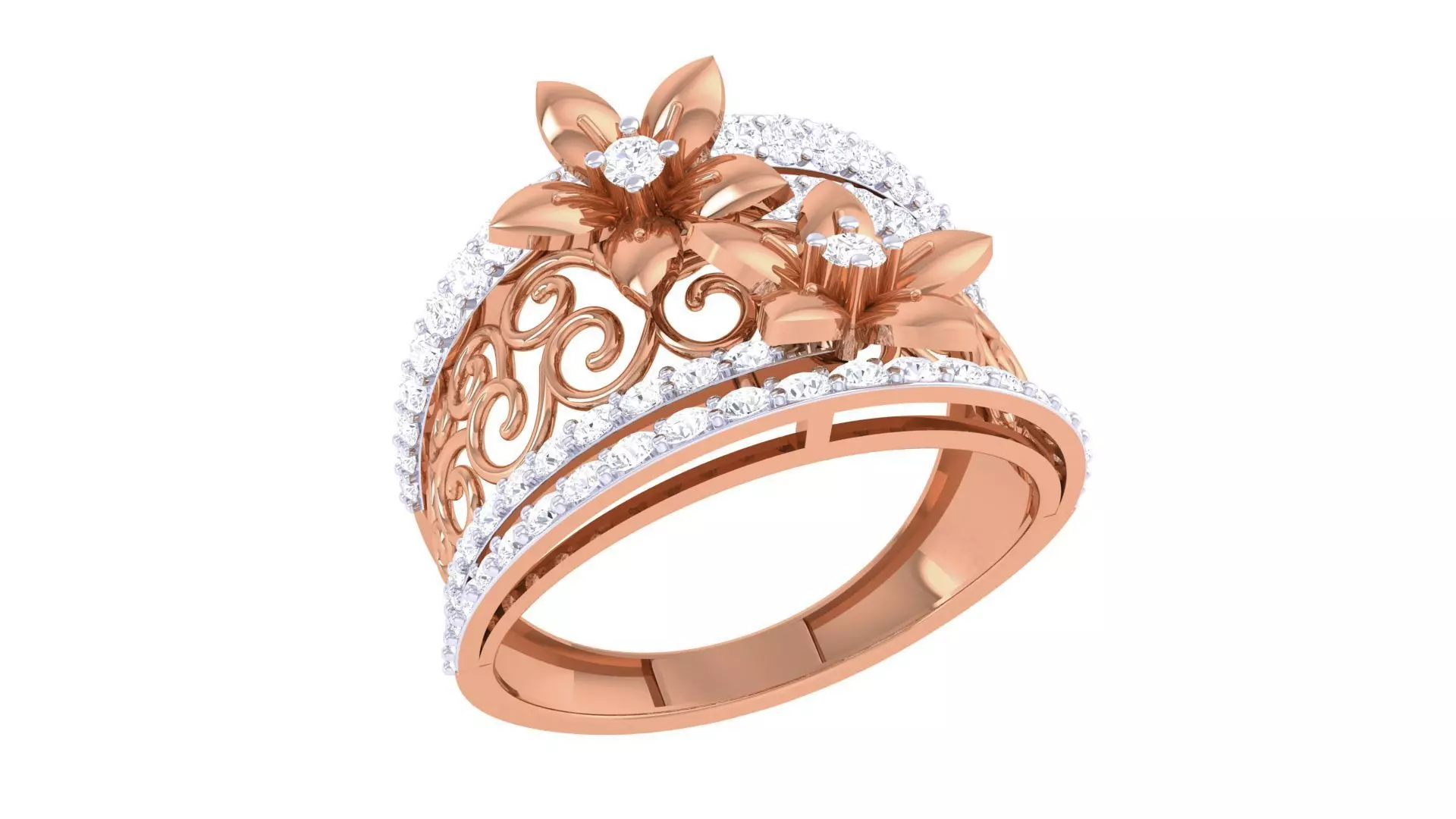 Bi Flower High Jewelry Diamond Cocktail Ring 3dm stl details 3D print model_0