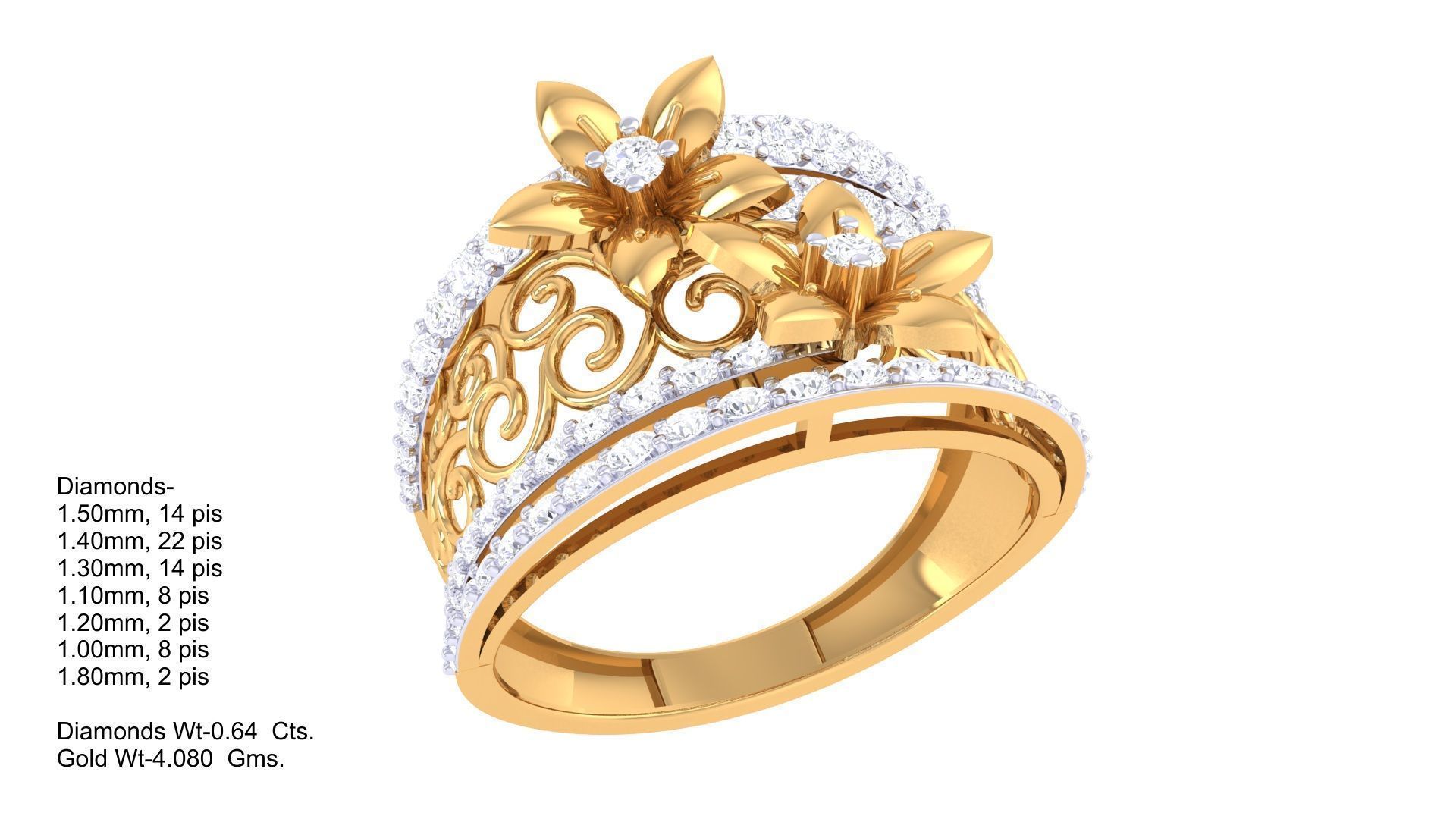 Bi Flower High Jewelry Diamond Cocktail Ring 3dm stl details 3D print model_4