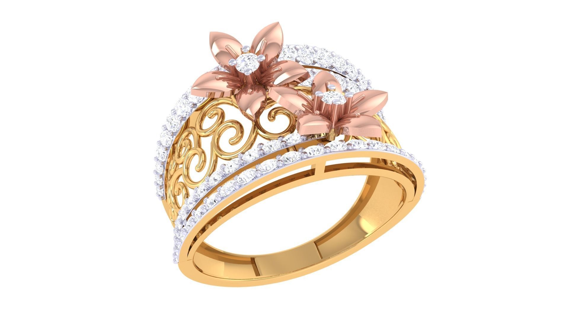 Bi Flower High Jewelry Diamond Cocktail Ring 3dm stl details 3D print model_1