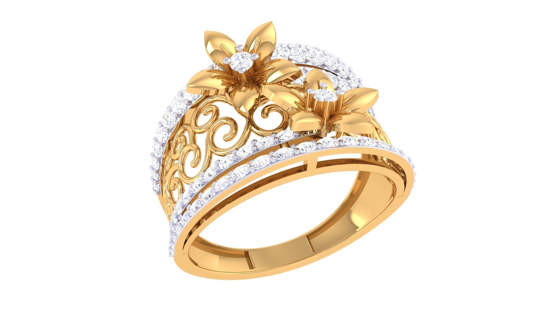 Bi Flower High Jewelry Diamond Cocktail Ring 3dm stl details 3D print model_5