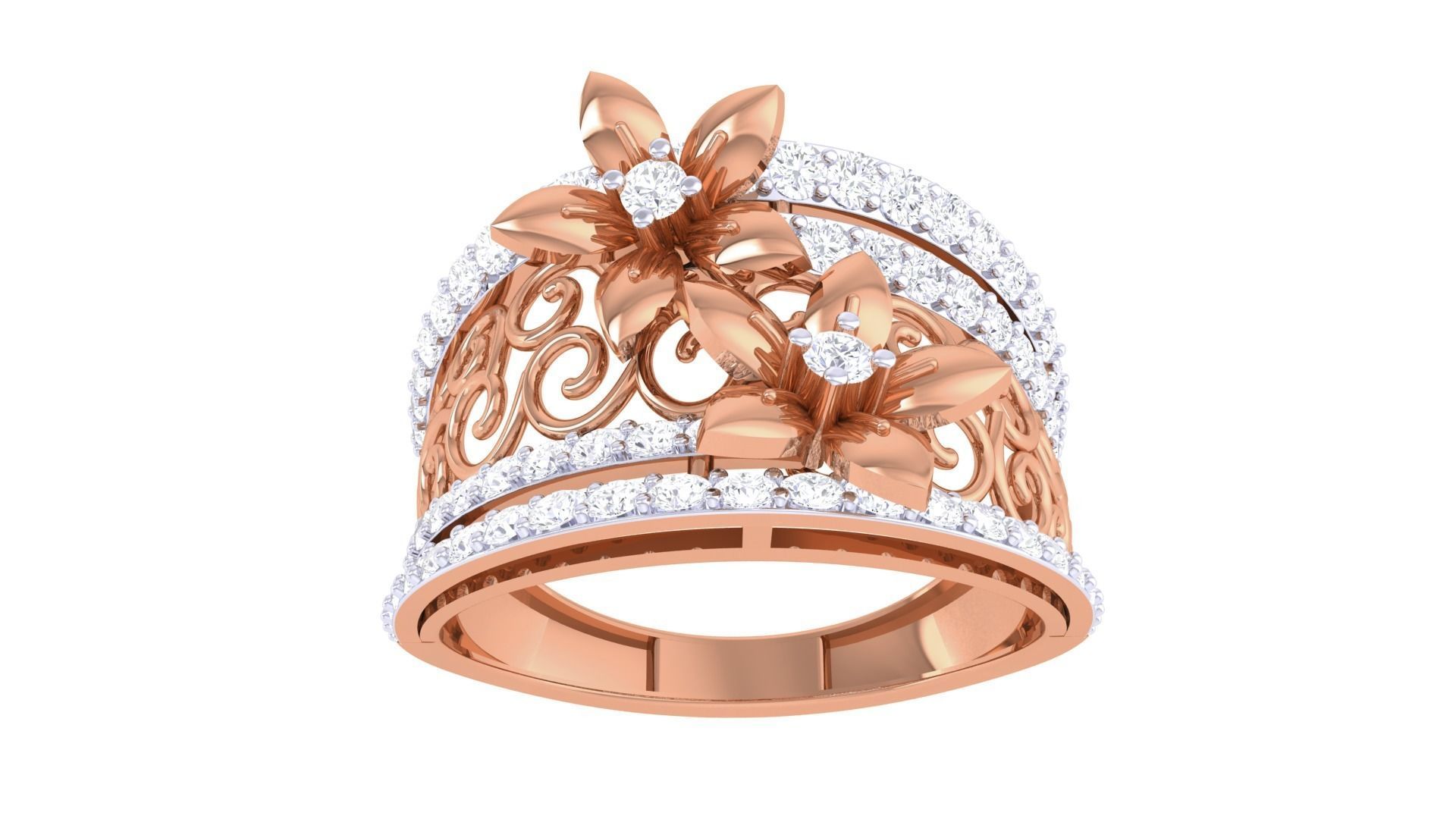 Bi Flower High Jewelry Diamond Cocktail Ring 3dm stl details 3D print model_8