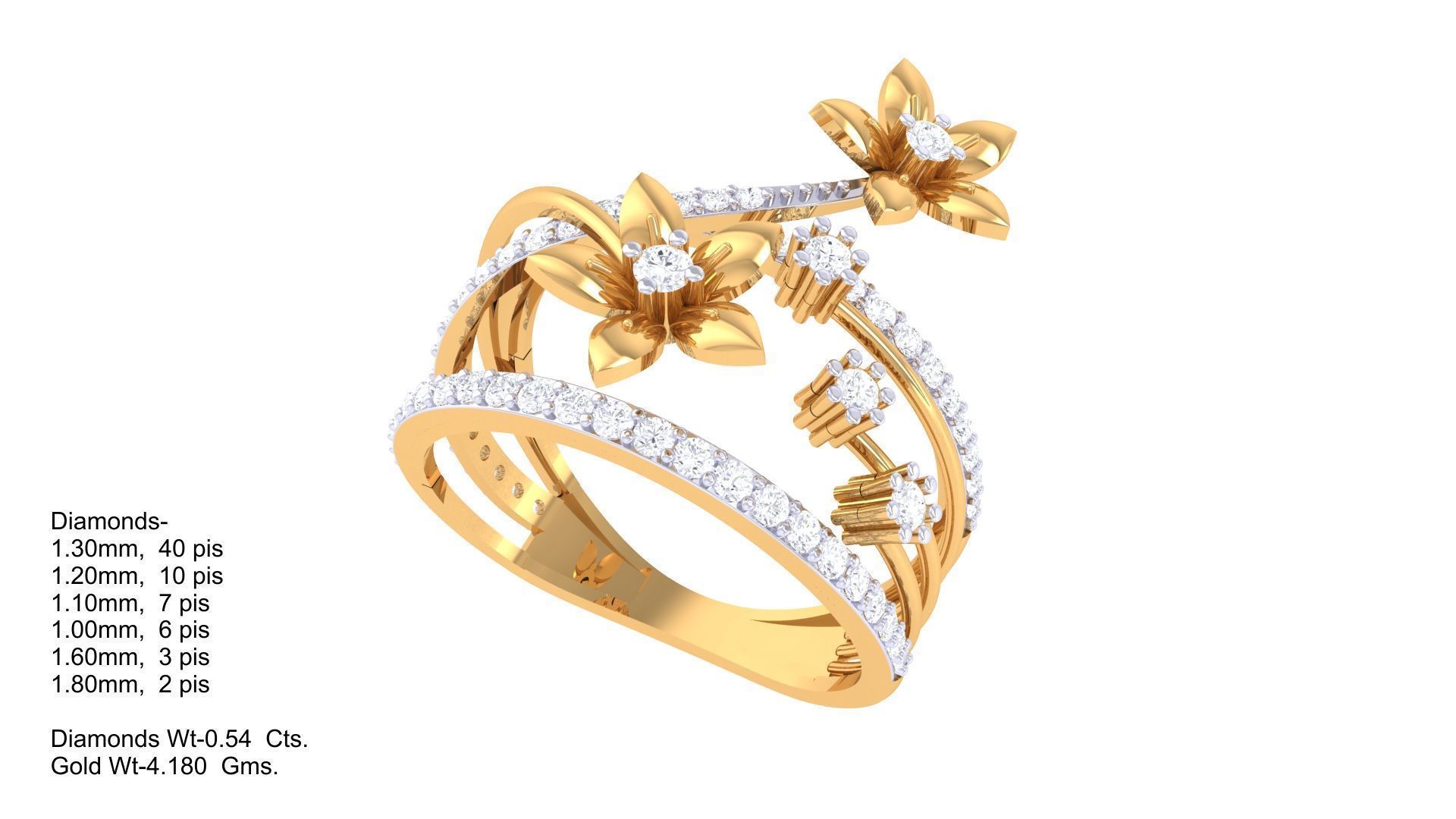 Bi Flower High Jewelry Diamond Cocktail Ring 3dm stl details 3D print model_4
