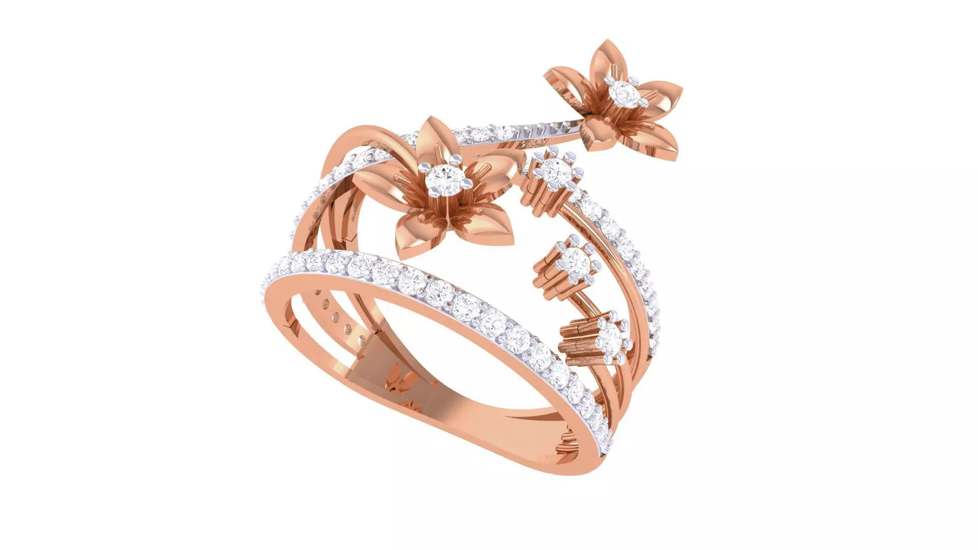 Bi Flower High Jewelry Diamond Cocktail Ring 3dm stl details 3D print model_0