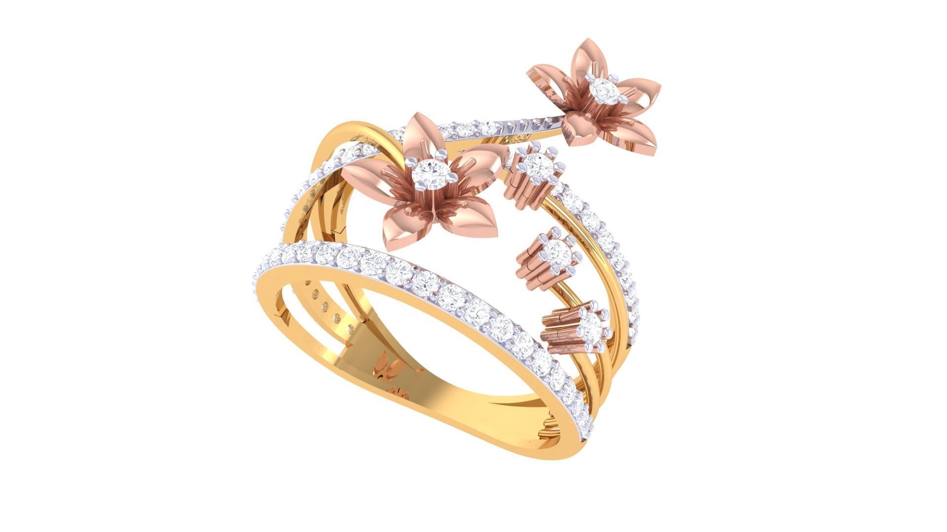 Bi Flower High Jewelry Diamond Cocktail Ring 3dm stl details 3D print model_2
