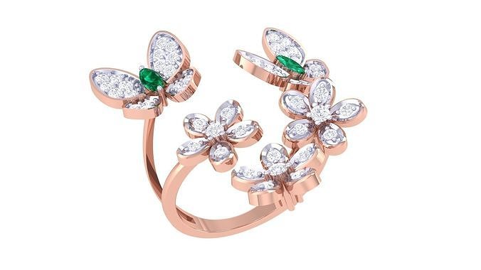 Twin Butterfliers on Flowers High Jewelry Diamond Cocktail ring 3D print model