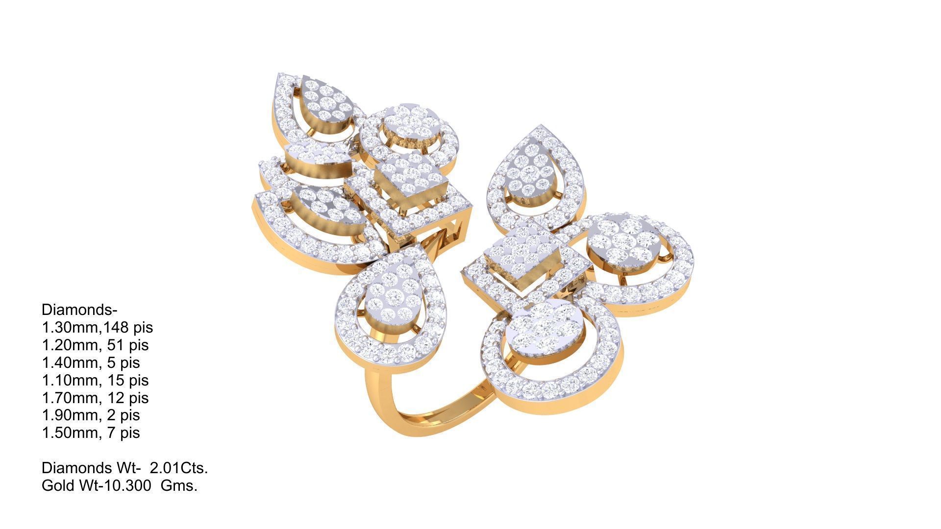 Bi Flower High Jewelry Diamond Cocktail Ring 3dm stl details 3D print model_3