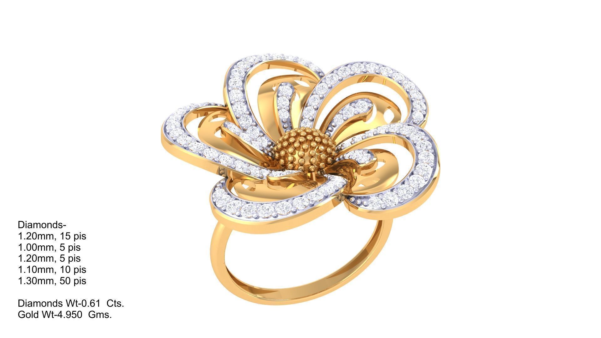 Flower High Jewelry Diamond Cocktail Flower Ring 3dm stl details 3D print model_3