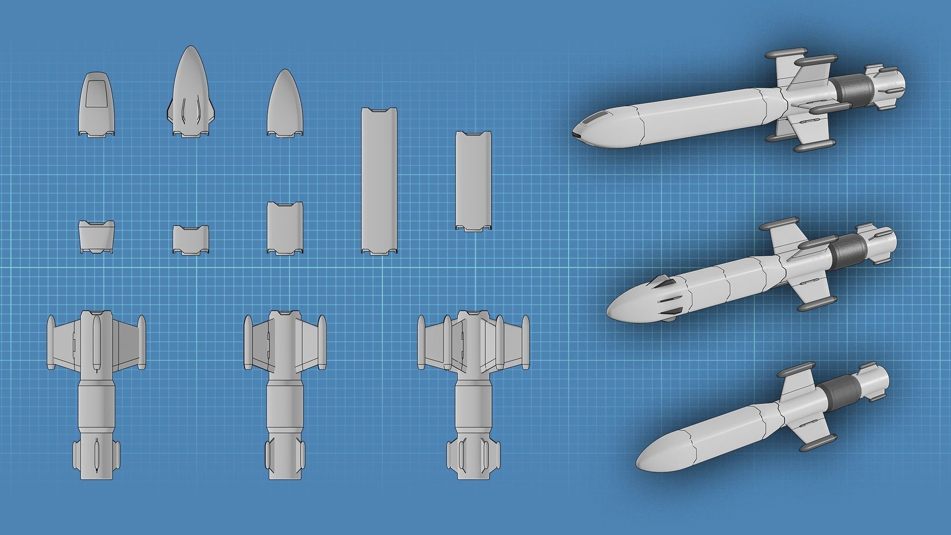 Sci Fi Missile Destroyer - series Kit Low-poly 3D model_8