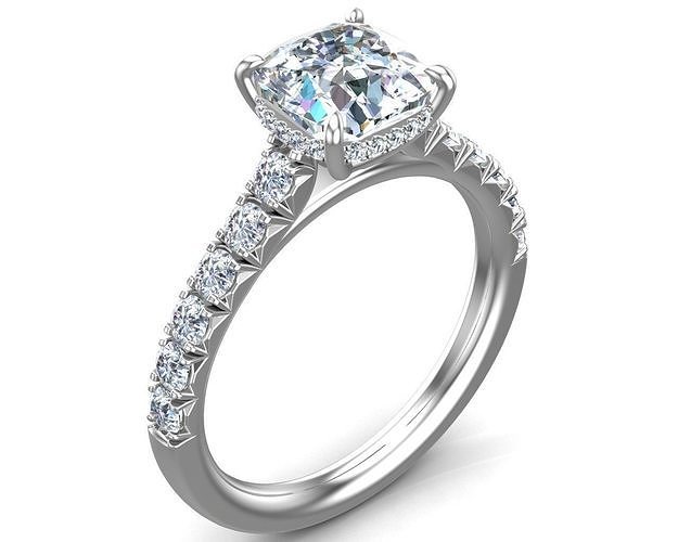 Cushion Cut French Pave Engagement Diamond Ring 3D print model