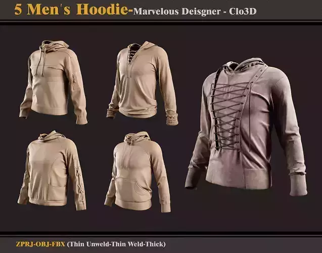 5 Men Hoodie -Md-Clo3D -ZPRJ - FBX - OBJ