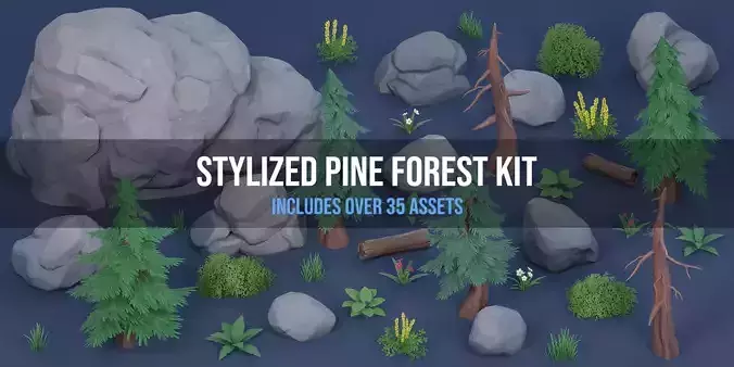 Stylized Pine Forest Nature Kit Low-poly 3D model