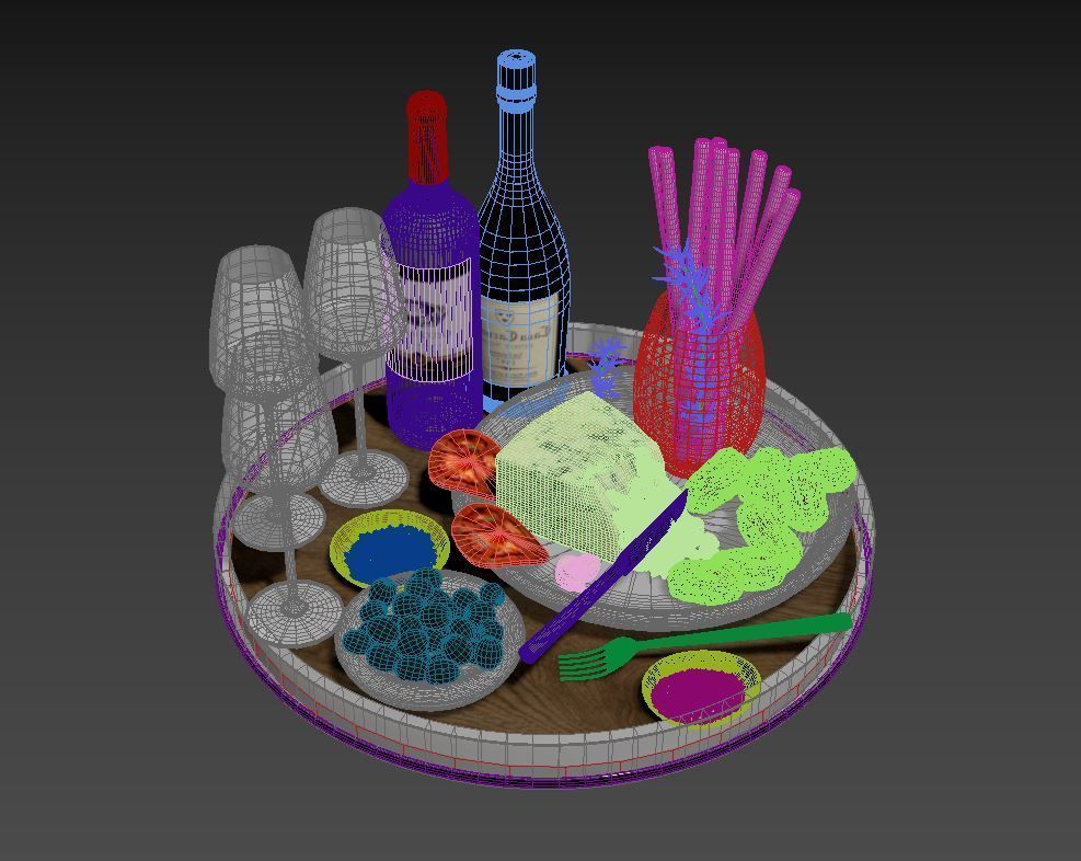 Food Set Cheese Plate With Sausages and Wine  3D model_2