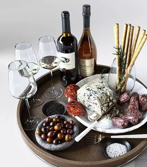 Food Set Cheese Plate With Sausages and Wine  3D model_0