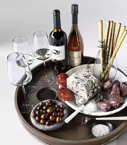 Food Set Cheese Plate With Sausages and Wine  3D model