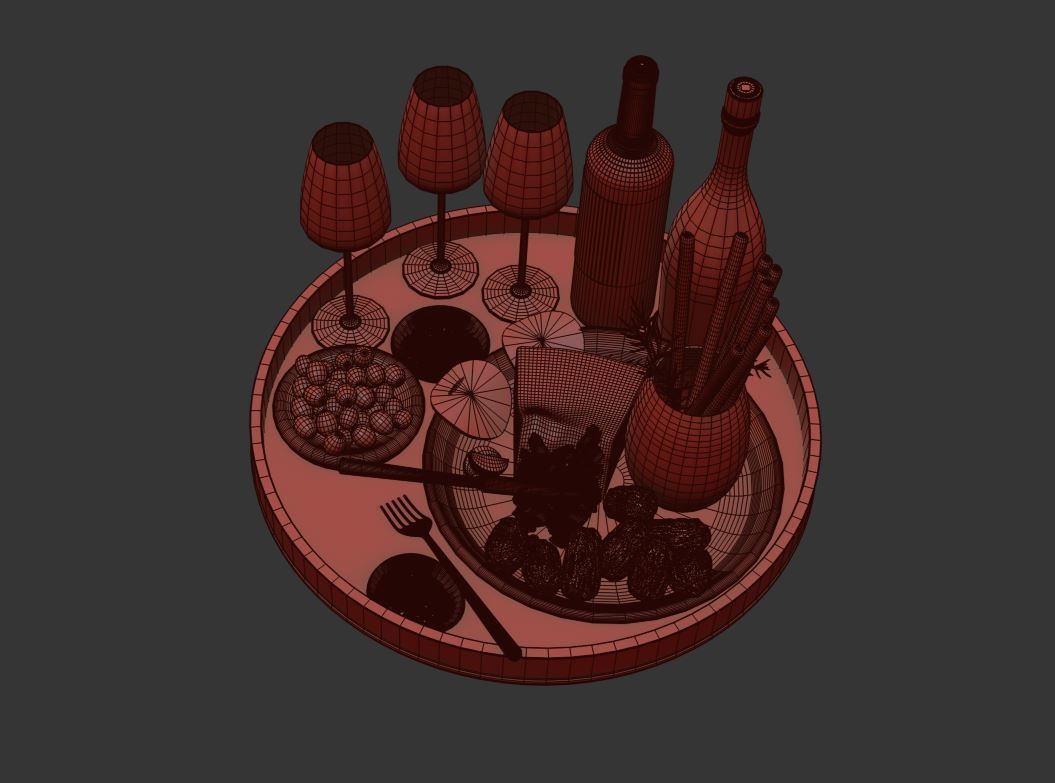 Food Set Cheese Plate With Sausages and Wine  3D model_1