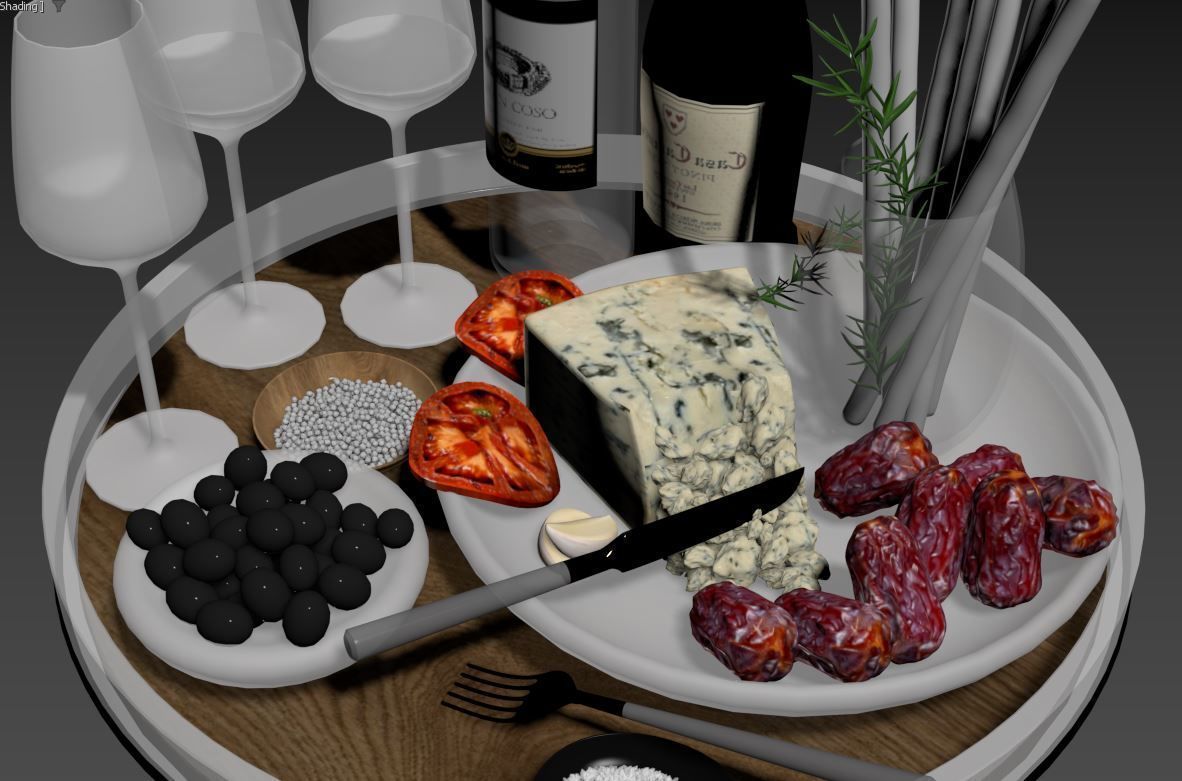 Food Set Cheese Plate With Sausages and Wine  3D model_4