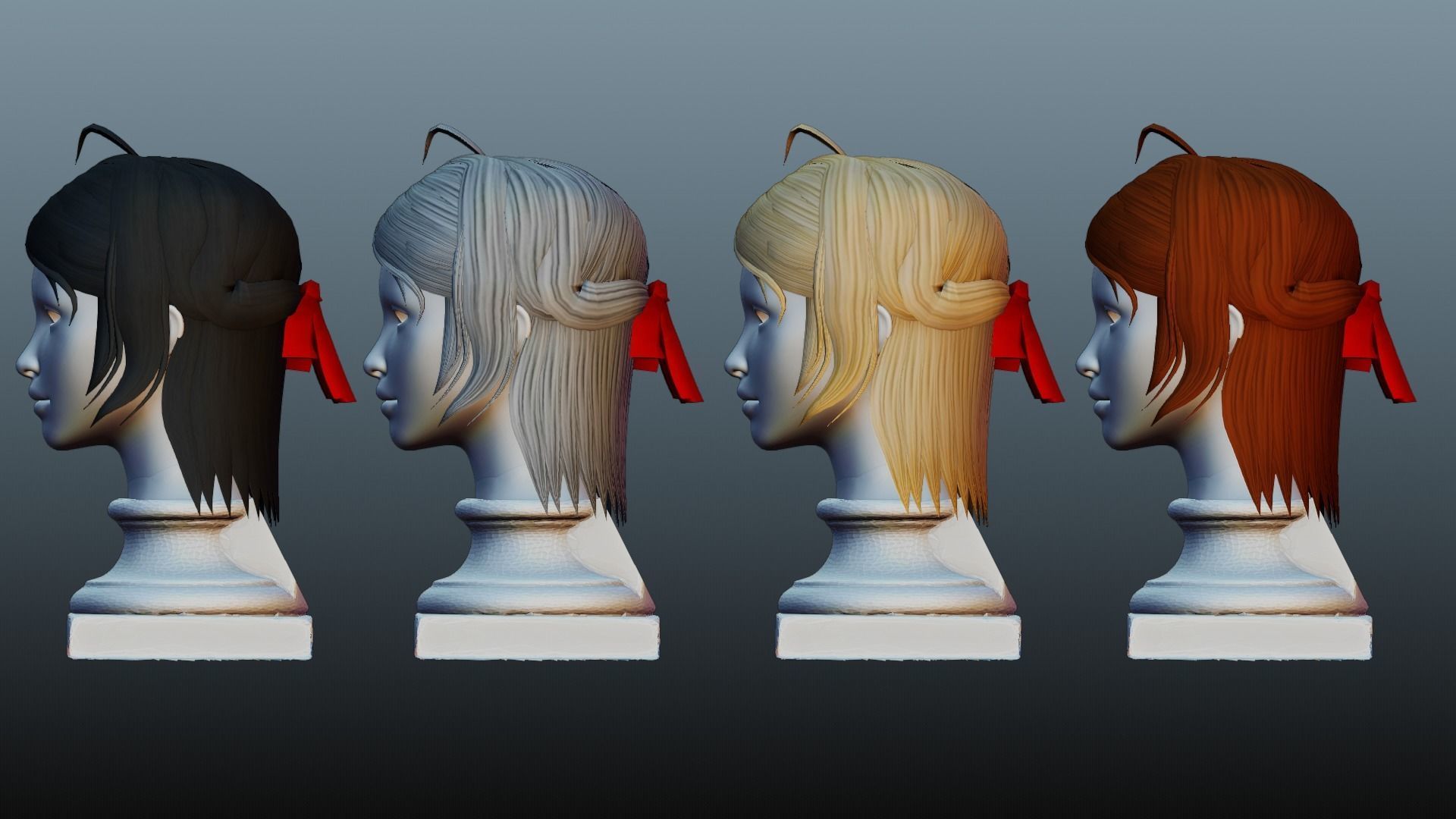 Female hair 4 colors Low-poly 3D model_2