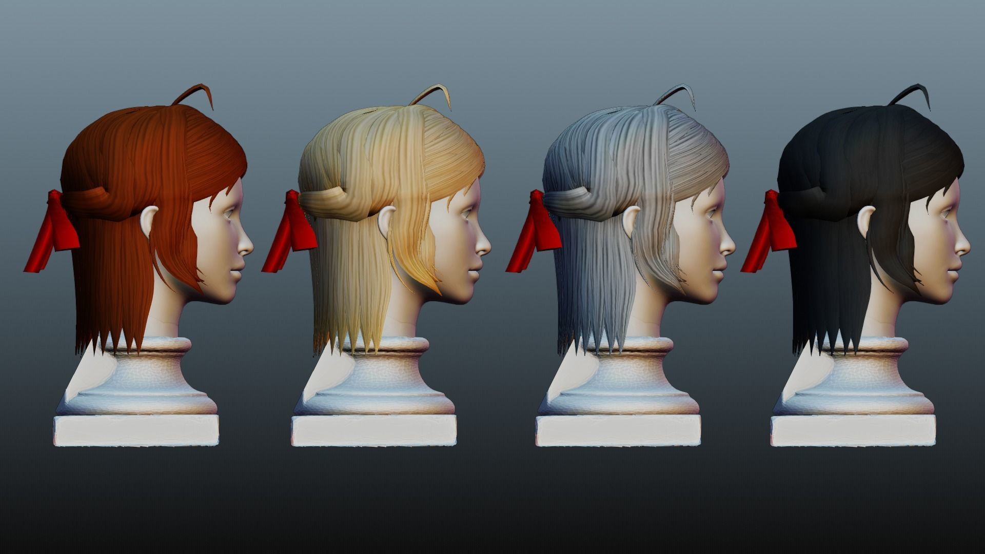 Female hair 4 colors Low-poly 3D model_3