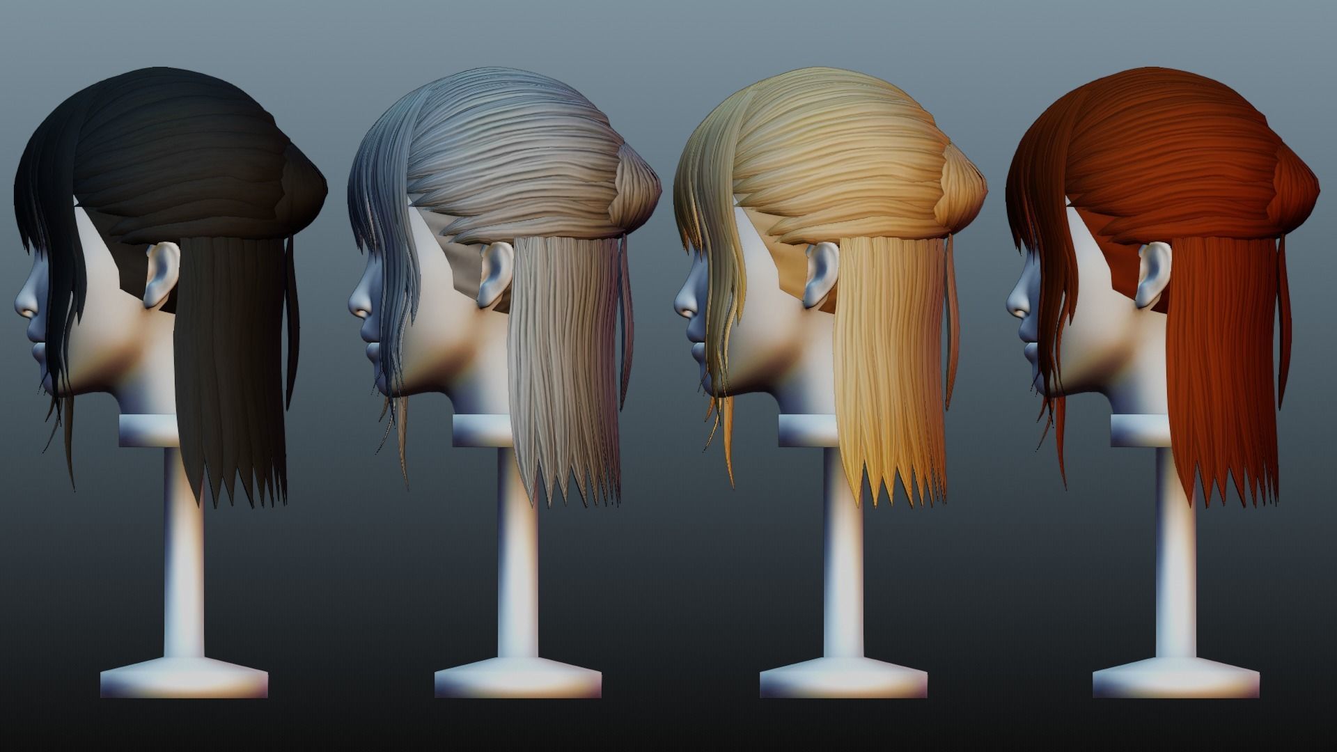 Female hair 4 colors Low-poly 3D model_2