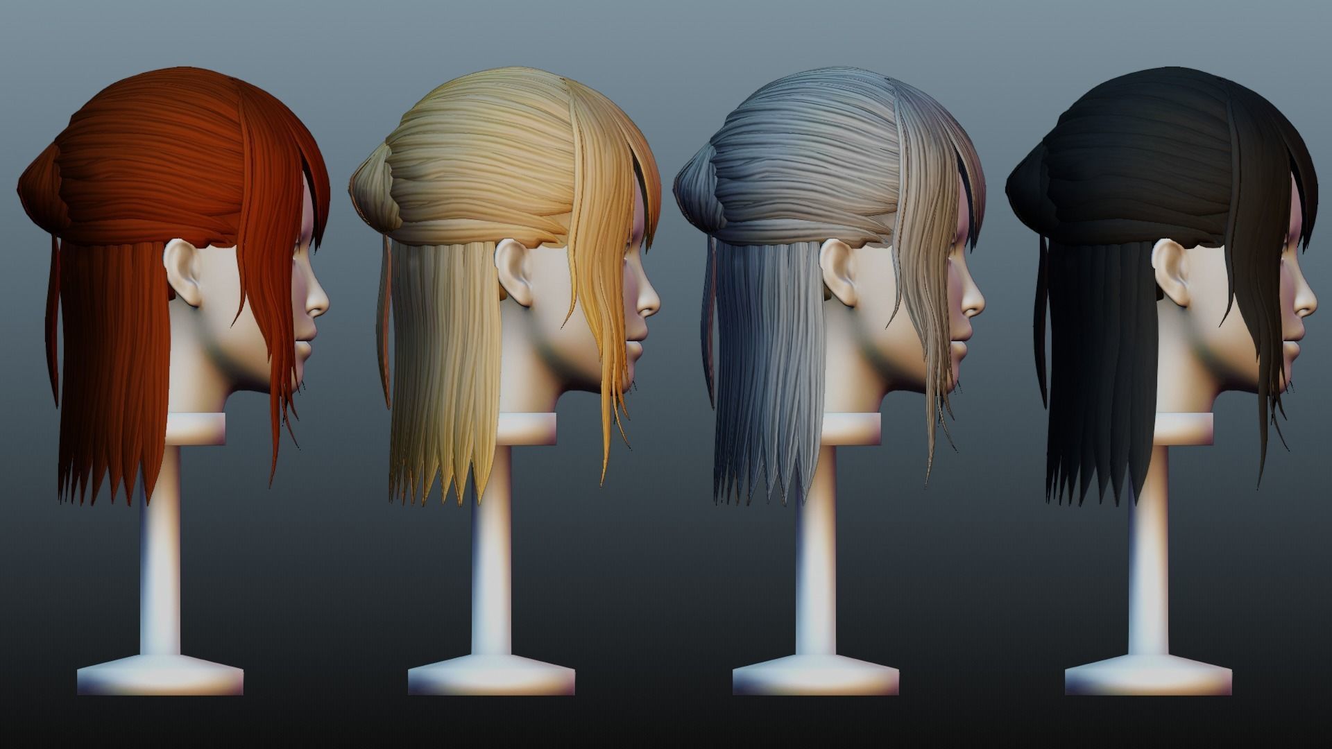Female hair 4 colors Low-poly 3D model_3