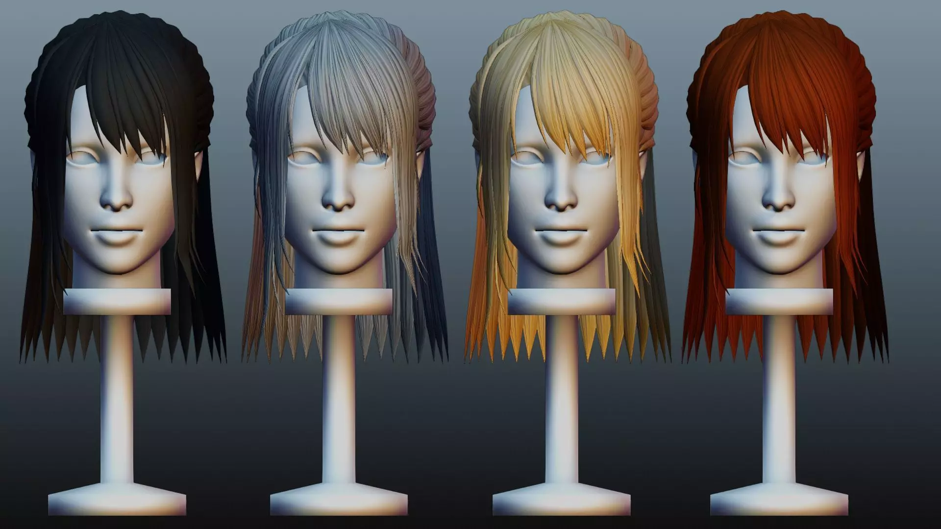 Female hair 4 colors Low-poly 3D model_0