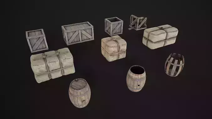 Storage props crates barrels wool bales