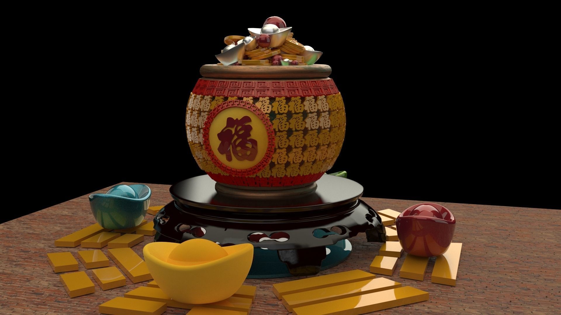 Chinese treasure pot 3D model_1