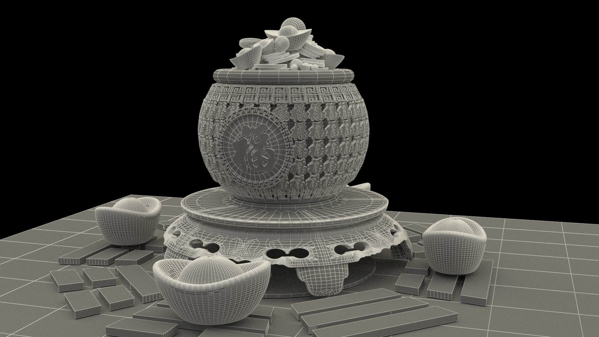 Chinese treasure pot 3D model_6