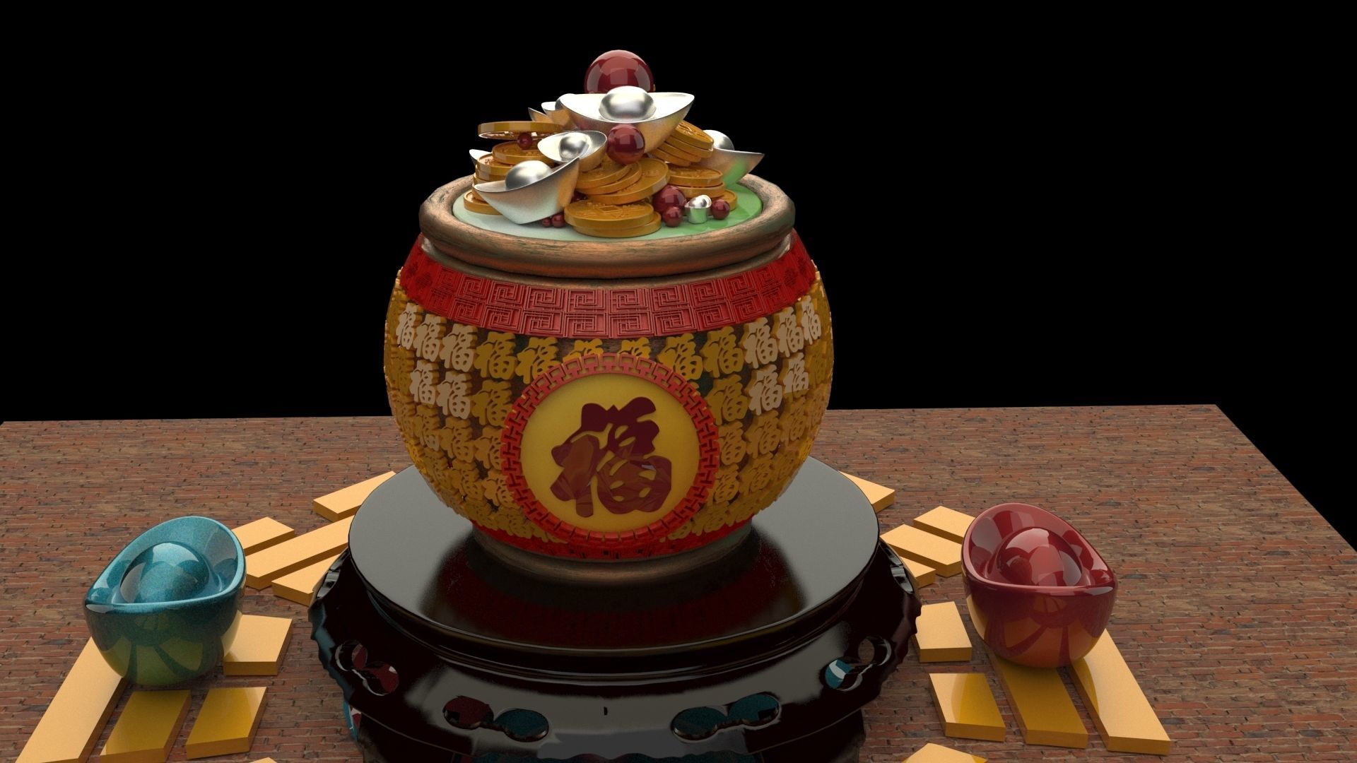 Chinese treasure pot 3D model_3