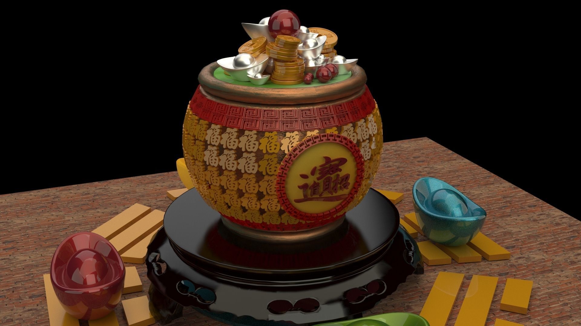 Chinese treasure pot 3D model_2