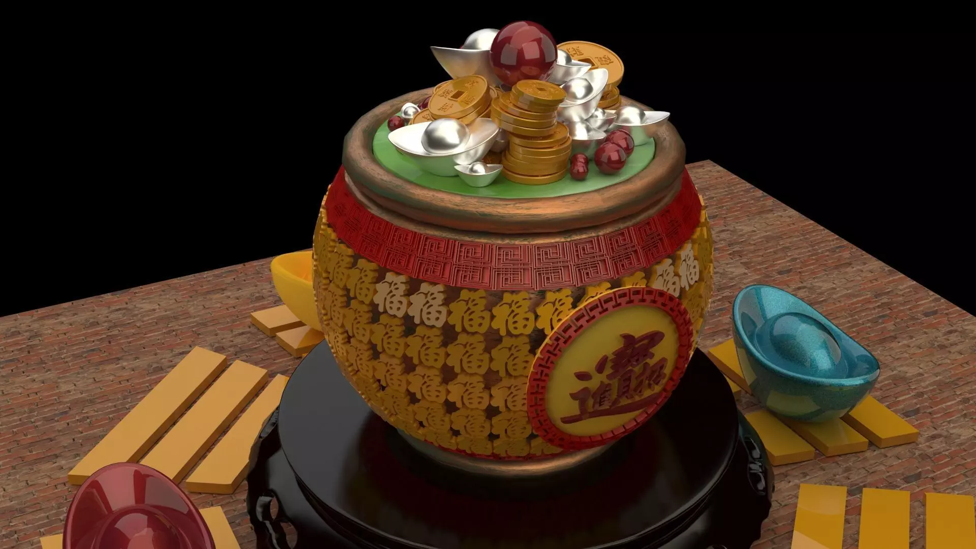 Chinese treasure pot 3D model_0