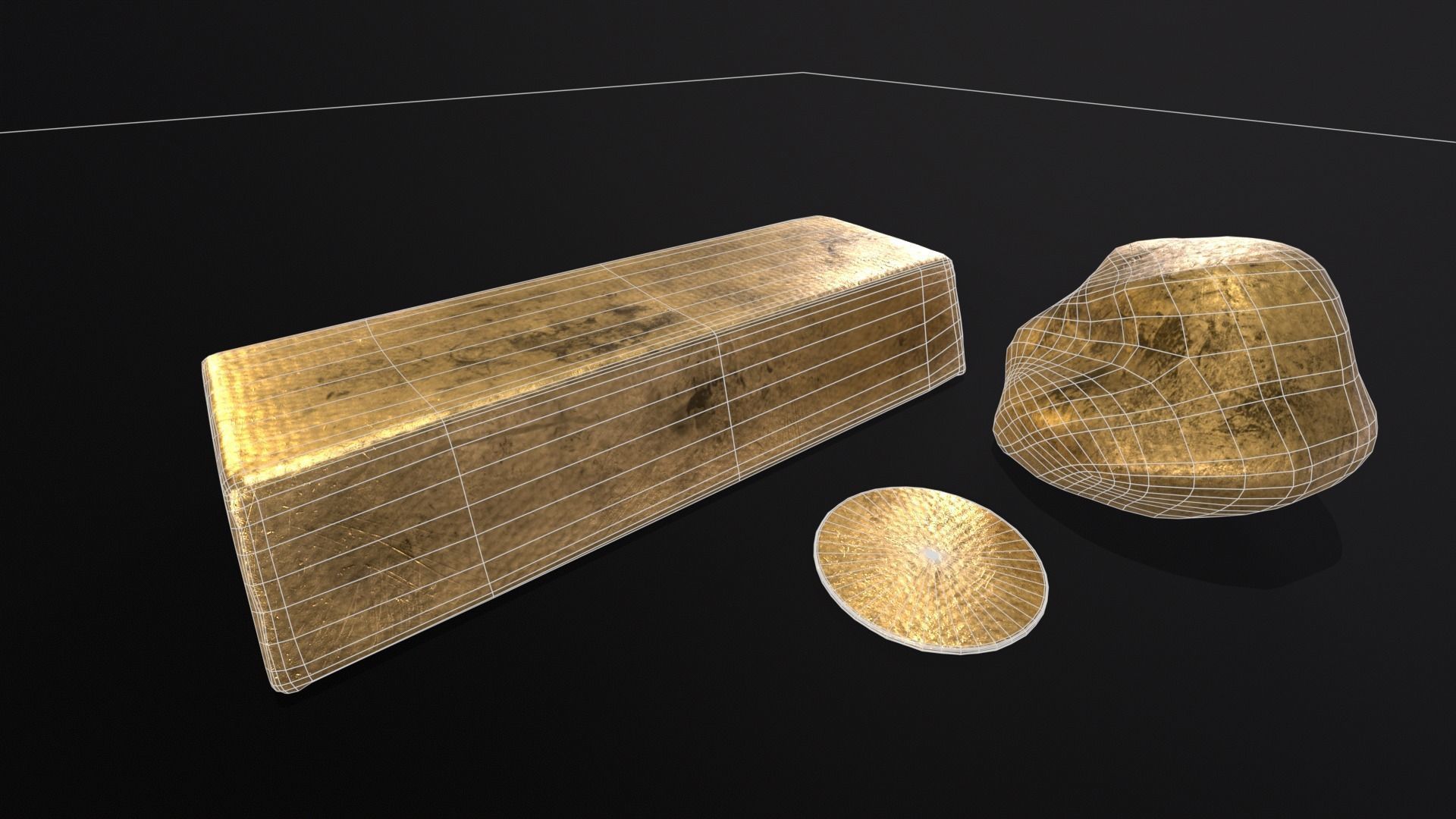 Gold Ingot Nugget and Coin Low-poly 3D model_3