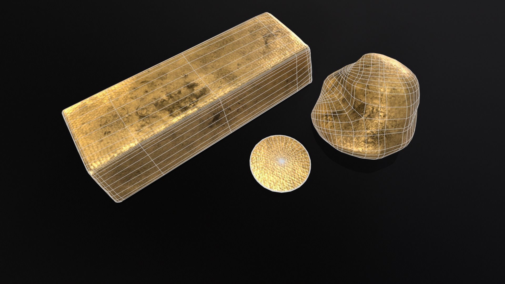Gold Ingot Nugget and Coin Low-poly 3D model_5