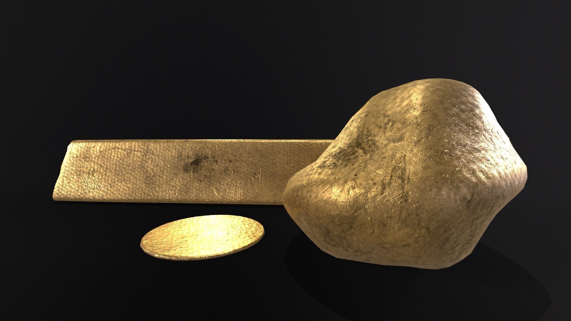 Gold Ingot Nugget and Coin Low-poly 3D model_8