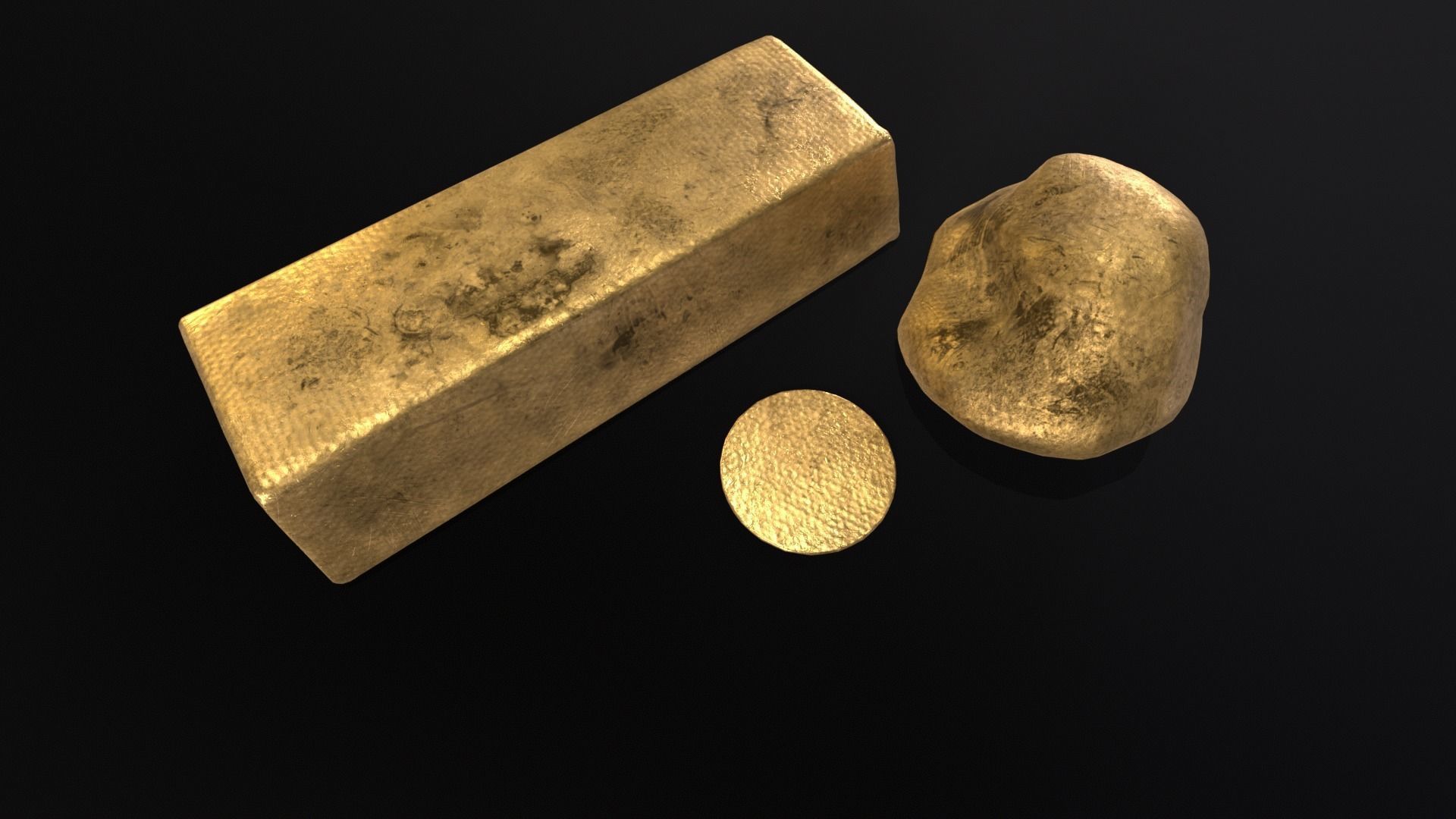 Gold Ingot Nugget and Coin Low-poly 3D model_4