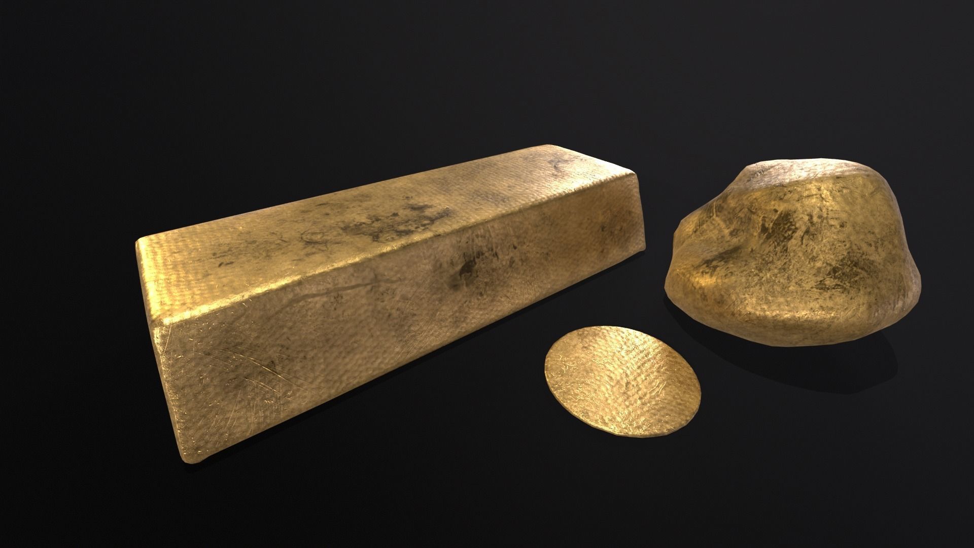 Gold Ingot Nugget and Coin Low-poly 3D model_2